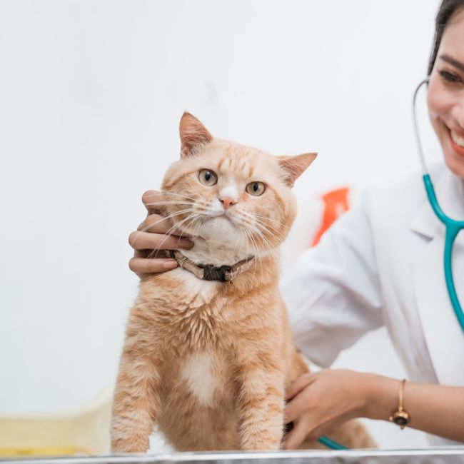 A veterinarian examining a cat